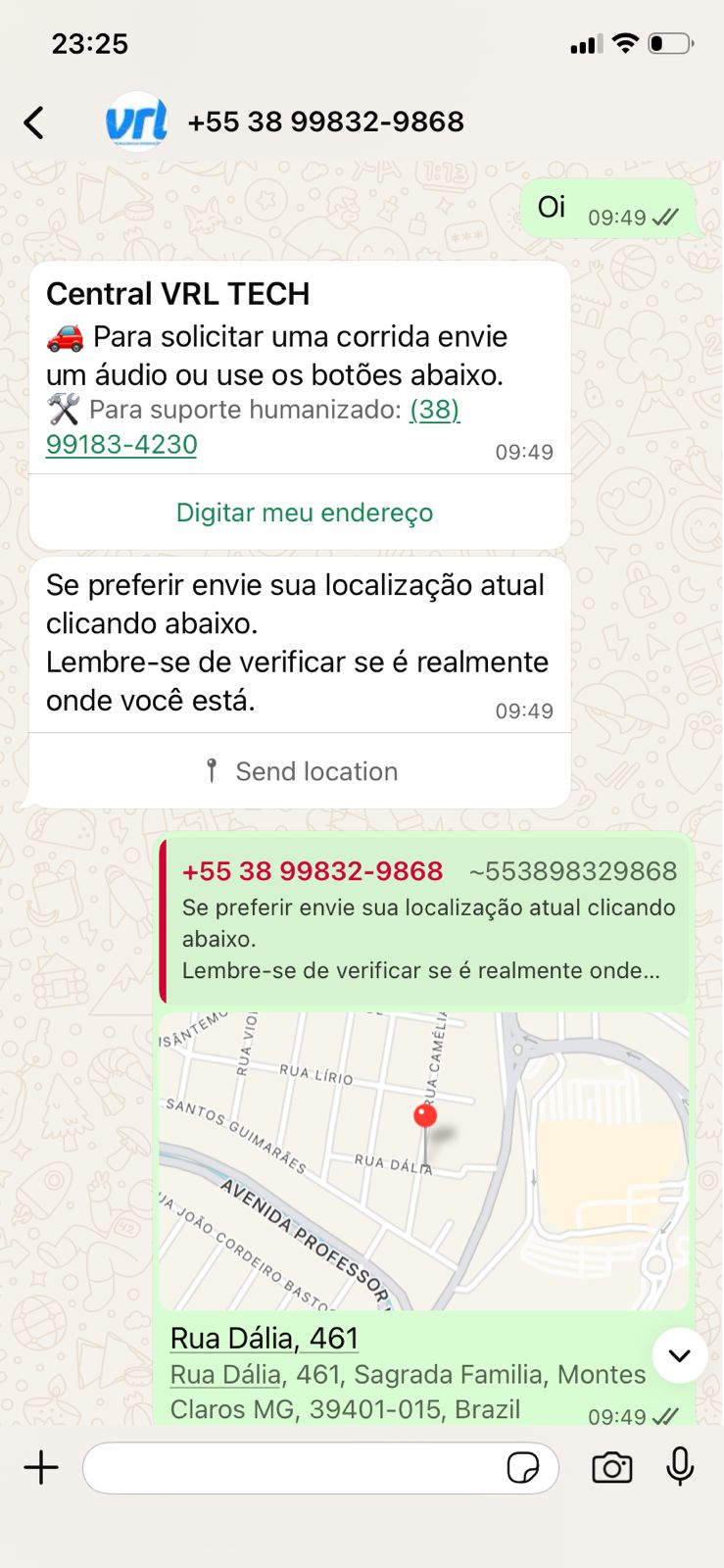 WhatsApp do cliente solicitando corrida - print 1