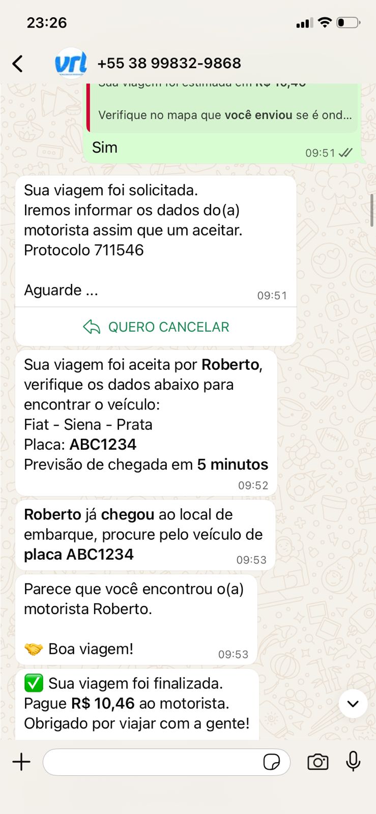 WhatsApp do cliente solicitando corrida - print 3